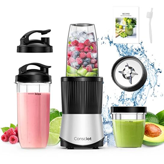 Consciot CB08 11-Piece Blender for Kitchen and Personal Size, Blend Shakes and Smoothies, Frozen Drinks, Baby Food, Spreads & More, 3 Portable To-Go Cups & 2 Spout Lids & 1 Solid Lid, 900 Peak Watts Mutfak Robotları Fiyatı