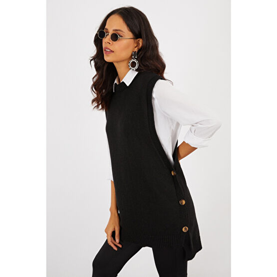 Cool & Sexy Kadın Siyah Yanları Düğmeli Kolsuz Triko Tunik Tunik Fiyatı