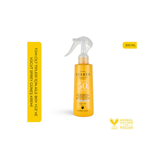 COSMED Sun Essential Lotion Spf 50 Tüm Cilt Tipleri Için Aile Boy Yüz Ve Vücut Sprey Güneş Kremi 200 ml