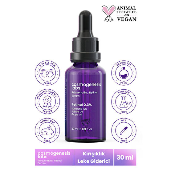 Cosmogenesis Labs Kırışıklık Karşıtı Retinol Serum 30ml Vegan Canlandırıcı Leke Giderici Esnek Görünüm (%0.3 Retinol)