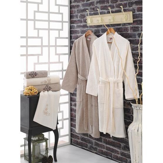 Cotton Box Nakıslı Krem Aile Bornoz Seti