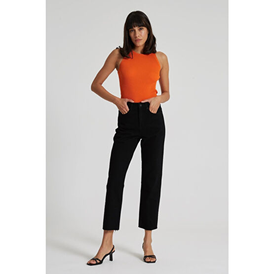 CROSS JEANS Elıza Cropped Siyah Paçası Kesikli Straight Cropped Fit Jean Pantolon 26/34 Beden