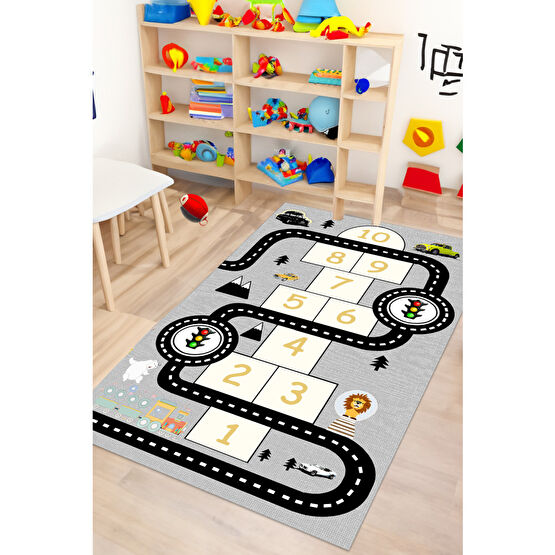 Decomia Home Dijital Kaymaz Yıkanabilir Araba Yollu Eğlenceli Eğitici Gri Çocuk Halısı Çocuk Oyun Halısı 40 x 60 Beden Bebek Odası Halı Fiyatı