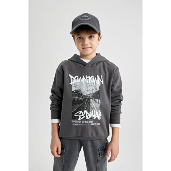 DeFacto Erkek Çocuk Kapüşonlu Baskılı Kalın Sweatshirt B5862A823CW Erkek Çocuk Sweatshirt Fiyatı