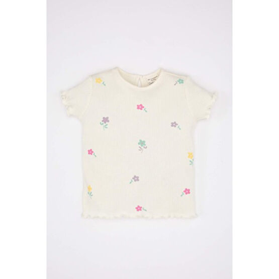 DeFacto Kız Bebek Regular Fit Çiçekli Fitilli Kaşkorse Kısa Kollu Tişört C2151A524SM Bebek T-shirt Fiyatı