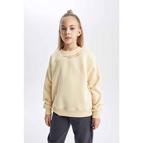 DeFacto Kız Çocuk Çizgili Bisiklet Yaka İçi Yumuşak Tüylü Kalın Sweatshirt 5-6 Yaş Beden Bayan Sweatshirt Fiyatı