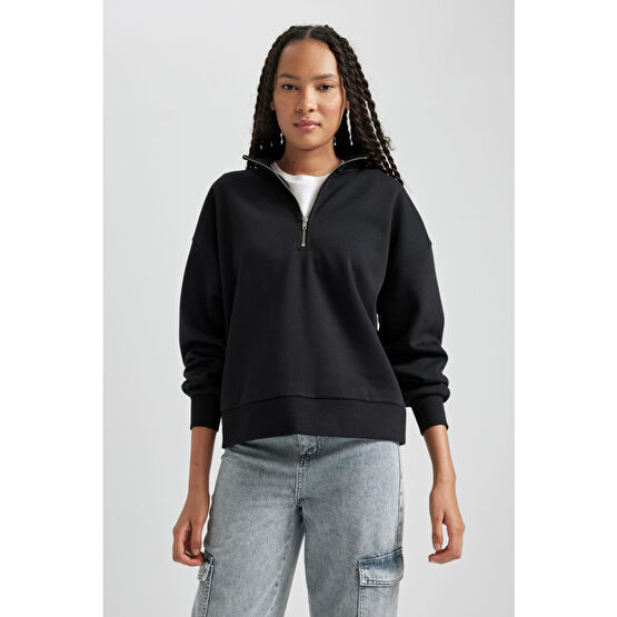 DeFacto Regular Fit Fermuarlı Dik Yaka Sweatshirt S Beden