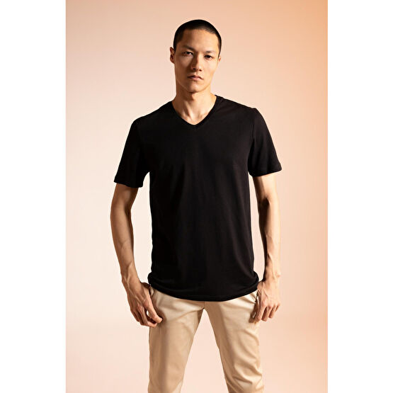 DeFacto Slim Fit V Yaka Basic Kısa Kollu %100 Pamuk Tişört M Beden