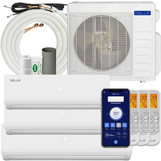 Della ODU Tri 3 Zone 27K BTU (9K 9K 18K BTU) Mini Split AC Works with Alexa and Wifi, Multi Zone Cools Up to 1800 Sq.Ft, 19 SEER2 208-230V, Energy Efficient, Pre-Charged Heat Pump Full Set Klimalar Fiyatı
