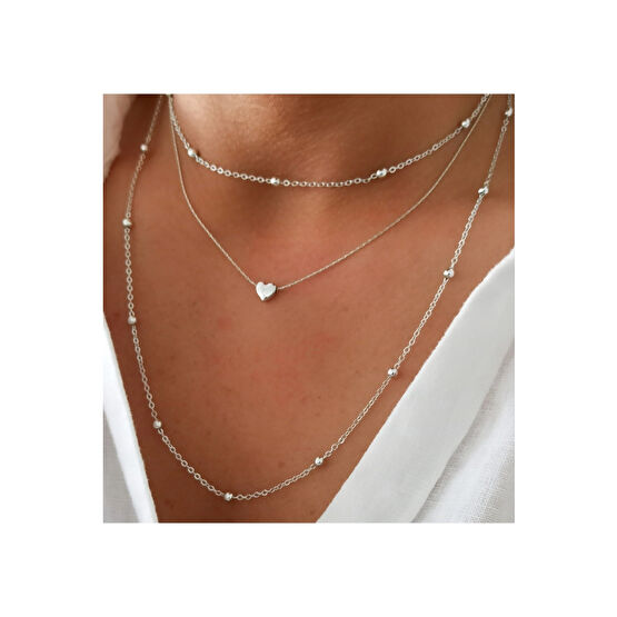 DENİZDENAL Kalp Kolye Silver 3lü Set Bijuteri Kolye Fiyatı