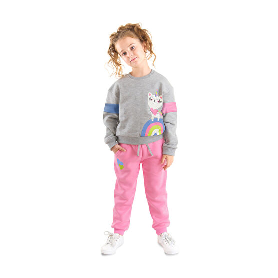 Denokids Rainbow Cat Kedili Pembe Gri Kız Çocuk Eşofman Alt Üst Takım 4 YAŞ Beden