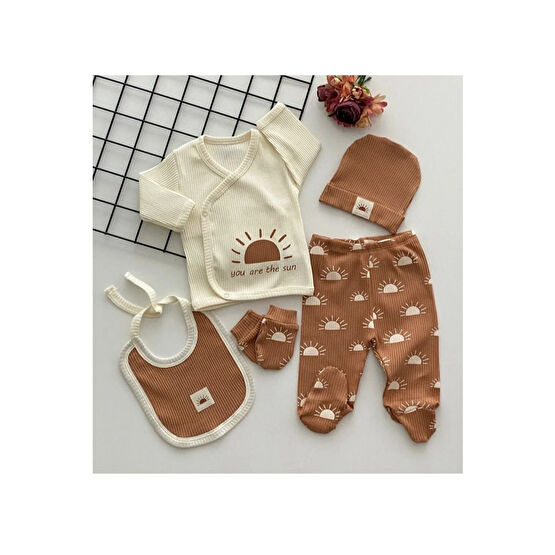 DERİNBEBE Organik Kumaş Fitilli 5 Parça Hastane Çıkışı Set Yeni Doğan Beden Bebek Hastane Çıkışı Fiyatı