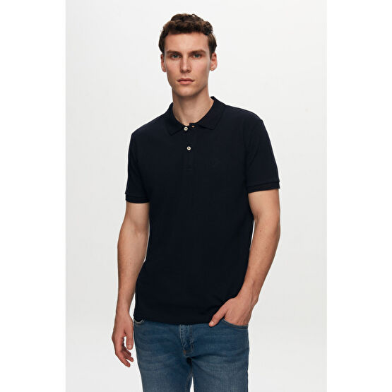 DS Damat Regular Fit Lacivert Pike Dokulu %100 Pamuk Polo Yaka Nakışlı T-shirt L Beden