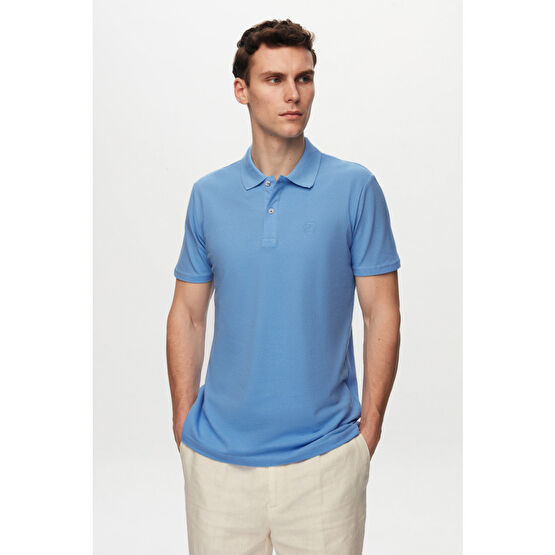 DS Damat Regular Fit Mavi Pike Dokulu %100 Pamuk Polo Yaka Nakışlı T-shirt M Beden Erkek T-shirt Fiyatı