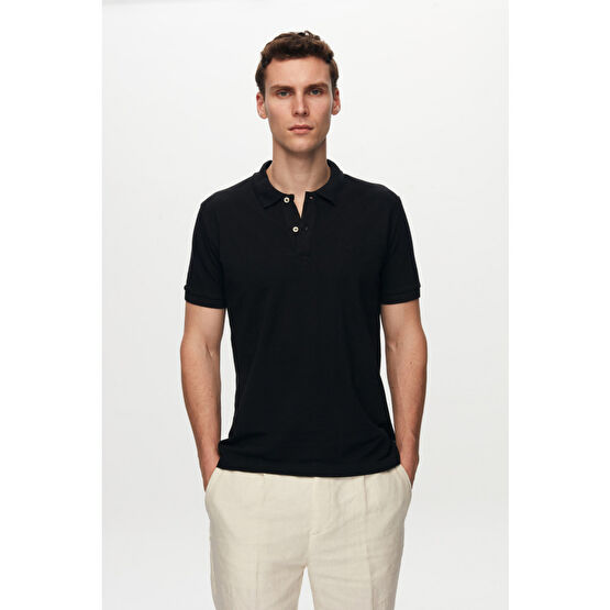 DS Damat Regular Fit Siyah Pike Dokulu %100 Pamuk Polo Yaka Nakışlı T-shirt M Beden