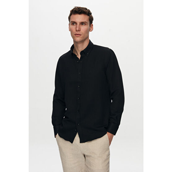 DS Damat Slim Fit Siyah Oxford Nakışlı Gömlek L Beden
