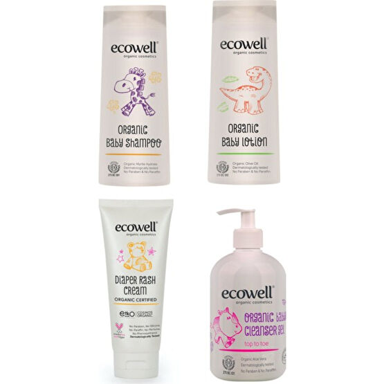 Ecowell Organik Bebek Bakım Paketi 4'lü Set (Bebe Şampuanı 300 ml. + Bebe Losyonu 300 ml. + Temizleme Jeli 500 ml. + Pişik Kremi 110 Gr.) Bebek Bakım Seti Fiyatı