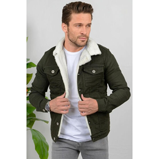 Edwox Erkek Slim Fit Cepli Içi Kürklü Düğmeli Kot Ceket Yeşil PR113 Erkek Ceket Fiyatı