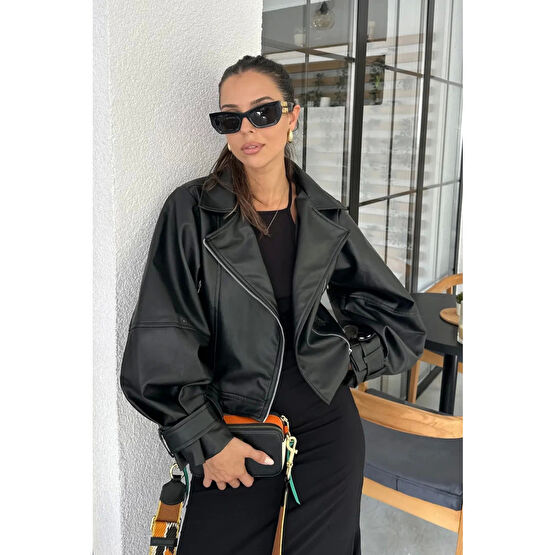 Eka Kadın Siyah Oversize Deri Ceket S Beden