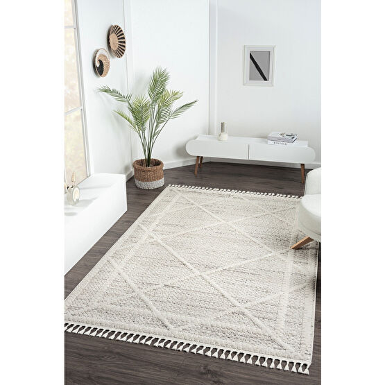 Eliz Home Krem Halı Modern Püsküllü Dokuma Halı Oturma Odası Salon Halısı 100 x 300 Beden
