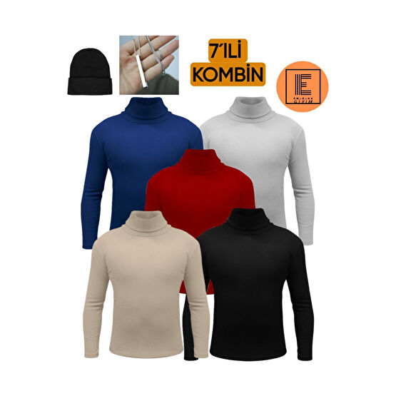 EMKA GİYİM 7li Kombin Balıkçı Yaka Kazak Bere Kolye S Beden