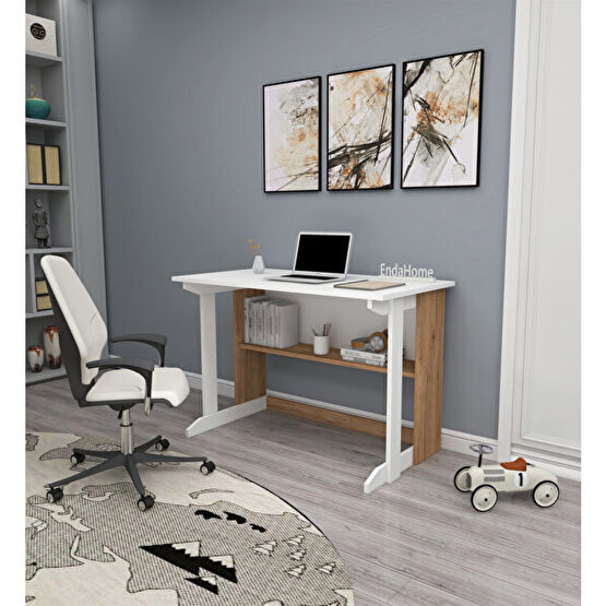 Enda Home Pillar 100x56 CM Kütüphaneli Geniş Çam Beyaz Çalışma Masası Bilgisayar Masası Fiyatı