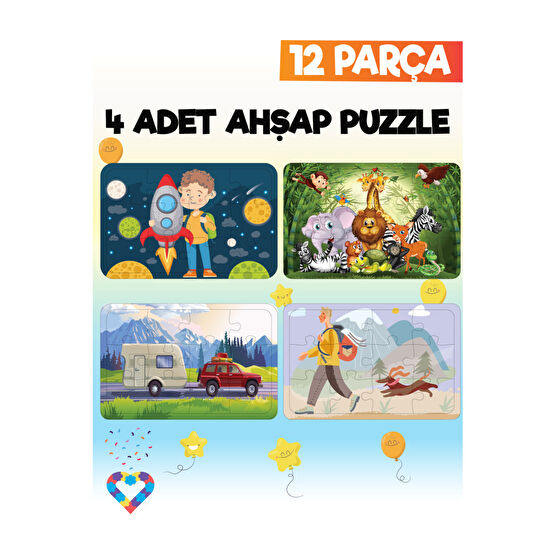 esatoys Ahşap Çocuk Puzzle 12 Parça 4 Adet