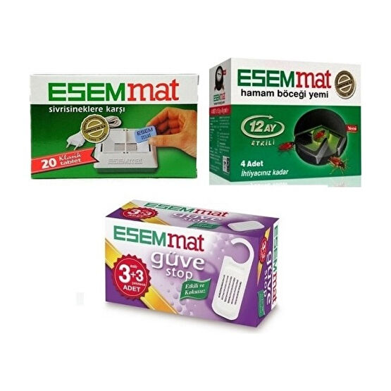 Esemmat Sivrisinek Kovucu Tablet + Güve Stop (3 Askı + 3 Çekmece) + Hamam Böceği Yemi Sinek-Kene-Haşere Kovucu Fiyatı