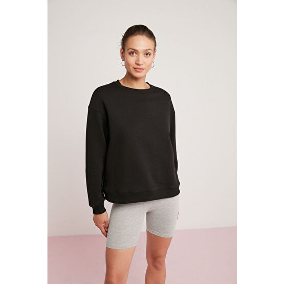 ETHIQUET Sahra Kadın Içi Polarlı Yumuşacık Oversize Yuvarlak Yaka Çizgili Sweatshirt L Beden