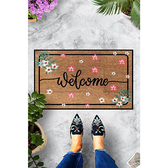 Evsebu Dekoratif Kapı Önü Paspası Welcome Pembe Çiçek Paspas Fiyatı