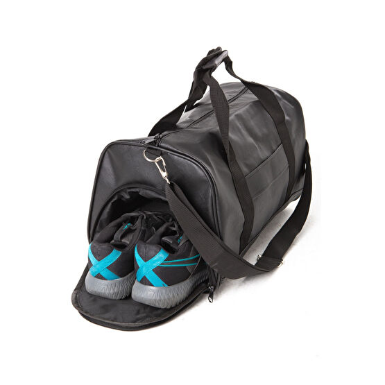 F50 Siyah Suni Deri Silindir Seyahat & Fitness & Spor Çantası - Omuz & El Askılı Yan Ayakkabı Bölmeli Standart Beden Unisex Spor Çantası Fiyatı