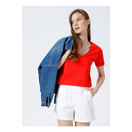 Fabrika Teyo V Yaka Basic Düz Kırmızı Kadın T-shirt M Beden