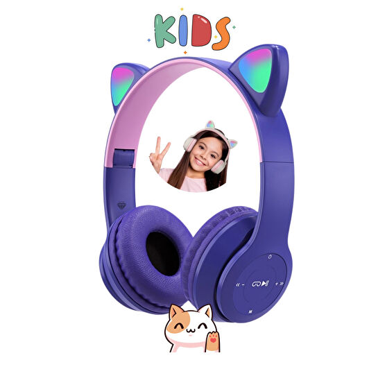 Favors Kedi Kulağı Bluetooth Kablosuz Kulaklık Rengarenk Işıklı Rgb Mor Çocuk Oyun Kulaklığı Radyolu Kulak Üstü Kulaklık Fiyatı