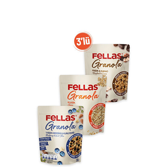Fellas Granola 3lü - Yaban Mersinli 300 Gr + Fındıklı 300 Gr + Klasik 300 Gr Kahvaltılık Gevrek Fiyatı