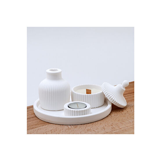 Fire Candle Beyaz Vazo Oval Tepsi / Kutuda Mum Ve Tealight Mumluk Dekorasyon Seti Obje Fiyatı