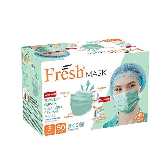Fresh Mask 3 Katlı Filtreli Burun Telli Medikal Maske 50'li Paket Kalın Ipli Açık Yeşil Maskeler Fiyatı