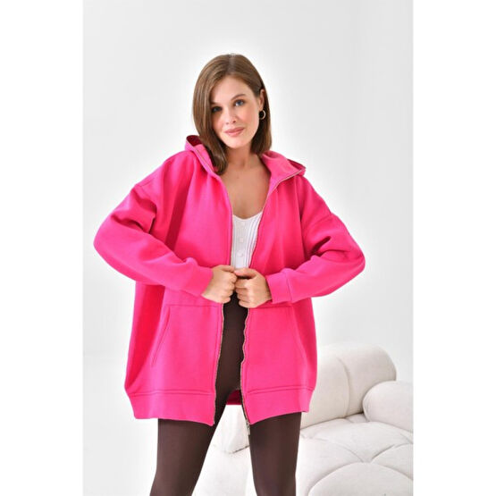 Ftz Women Kadın 3 Ip Şardonlu Fermuarlı Sweatshırt Fuşya Bayan Sweatshirt Fiyatı
