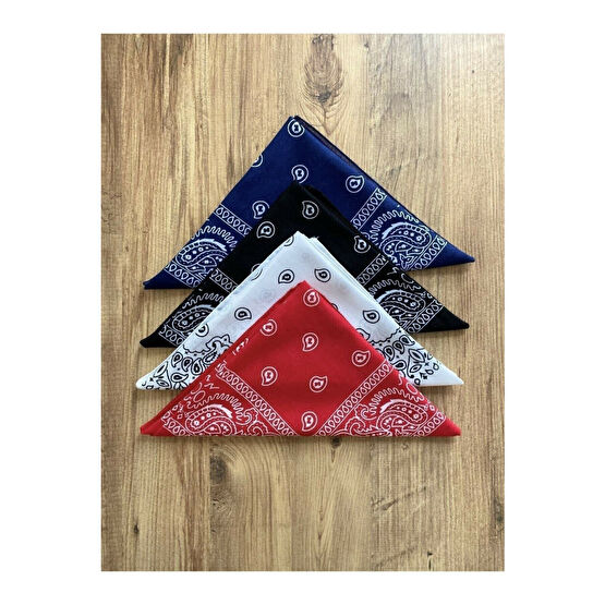 Fular Marketi %100 Pamuk Orjınal 4 Adet Etnik Desenli Bandana - Siyah Beyaz Kırmızı Lacivert 55 x 55 Beden Toka, Taç & Saç Bandı Fiyatı