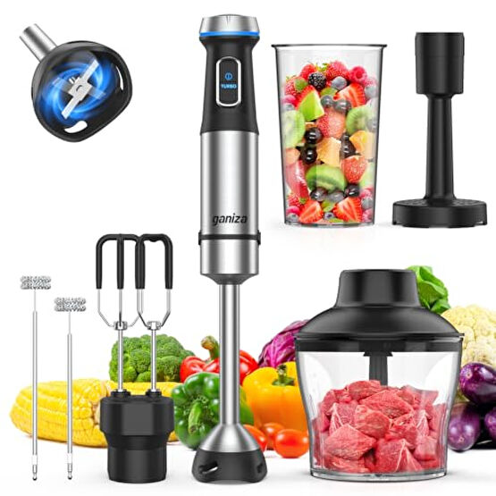 Ganiza Immersion Blender, 6 in 1 Hand Blender Stainless Steel Blade, 15 Speed Stick Blender Electric, Immersion Blender Handheld with 800ml Mixing Beaker, 600ml Chopper, Whisk, Frother, Potato Masher Blenderler Fiyatı