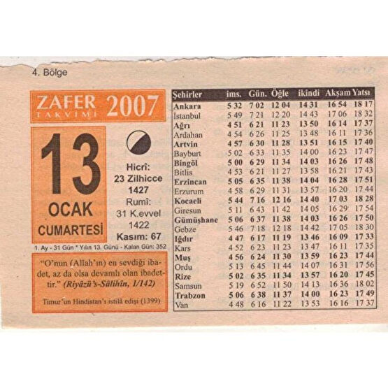 Gökçe Koleksiyon 13  Ocak 2007  Takvim Yaprağı  5100 Takvim Fiyatı