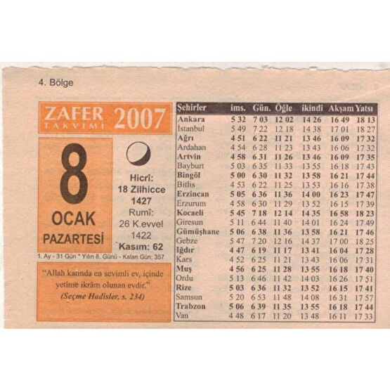 Gökçe Koleksiyon 8  Ocak 2007  Takvim Yaprağı  5095 Takvim Fiyatı