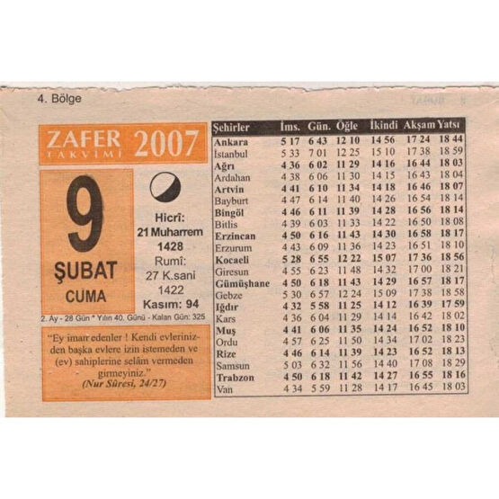 Gökçe Koleksiyon 9  Şubat 2007  Takvim Yaprağı  5642 Takvim Fiyatı