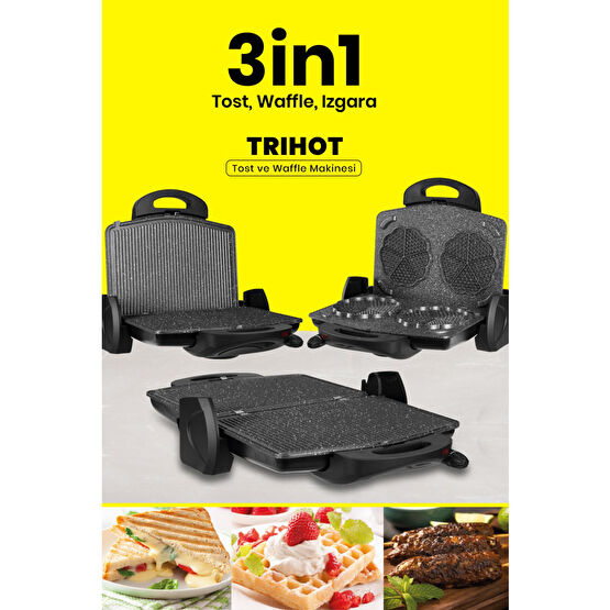 GOLDMASTER Trihot 3 In 1 Granit Çıkarılabilir Plakalı Waffle Izgara Tost Makinesi 6 Dilim Siyah Waffle Makinesi Fiyatı