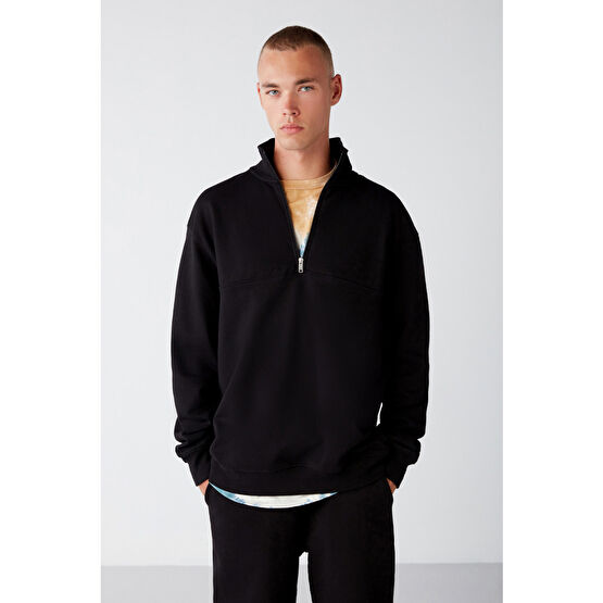 GRIMELANGE Frame Erkek Yarım Fermuarlı Dik Yakalı Yumuşacık Kumaşlı Polarlı Sweatshirt L Beden