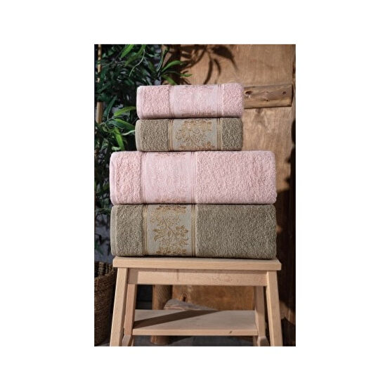 Güvenal Lara  Kutulu 4'lü Banyo Havlusu | Havlu Takımı | Havlu | Havlu Seti I Hamam Seti I Çeyiz Havlusu - Kahverengi - Pembe - 70 x 140 cm El / Yüz Havlusu Fiyatı