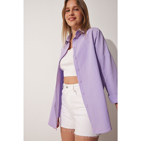 Happiness İstanbul Kadın Açık Lila Oversize Uzun Basic Gömlek 36 Beden Kadın Gömlek Fiyatı