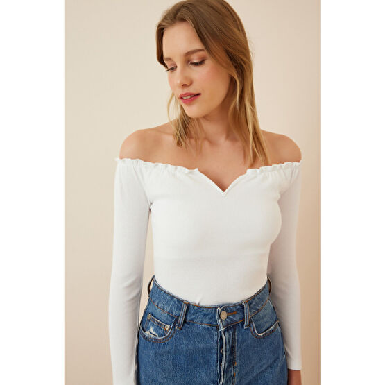 Happiness İstanbul Kadın Beyaz Büzgülü Yaka Crop Örme Bluz 36 Beden Bluz Fiyatı