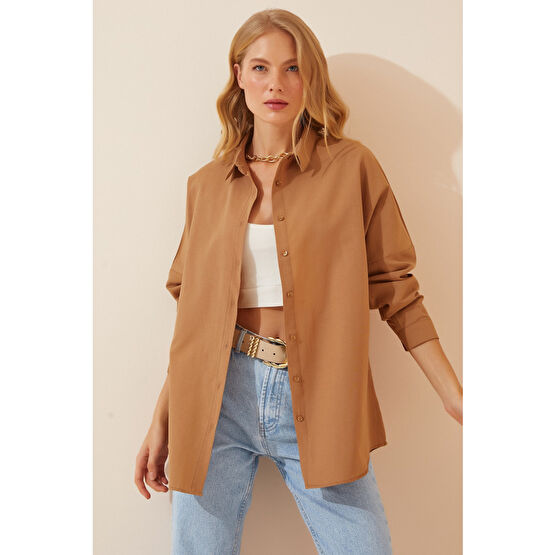 Happiness İstanbul Kadın Camel Oversize Uzun Basic Gömlek 40 Beden