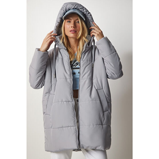 Happiness İstanbul Kadın Gri Kapüşonlu Oversize Şişme Mont S/M Beden Bayan Mont Fiyatı
