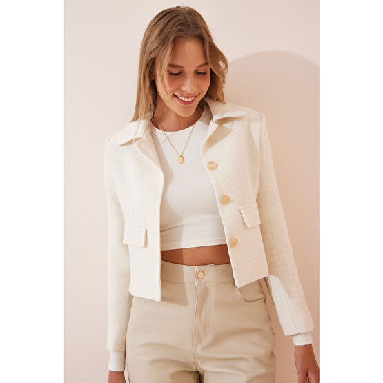 Happiness İstanbul Kadın Kemik Crop Tüvit Blazer Ceket 38 Beden